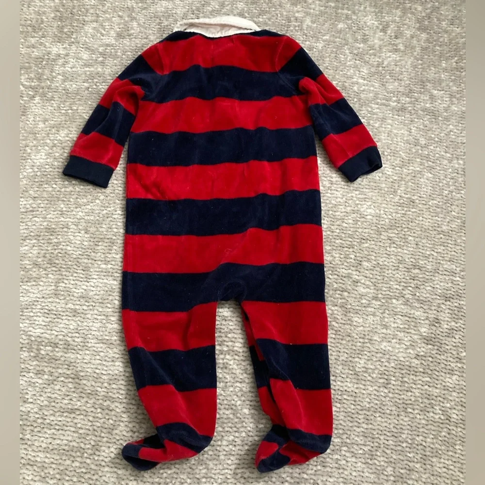 Ralph Lauren‎ Baby Rugby Stripe Velour Footed One Piece 9M Red Navy Classic